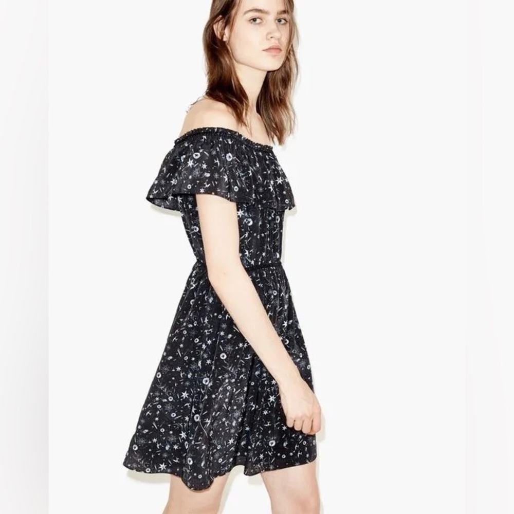 The Kooples Off the Shoulder Silk Dress Tattoo Print star Black Size XXS